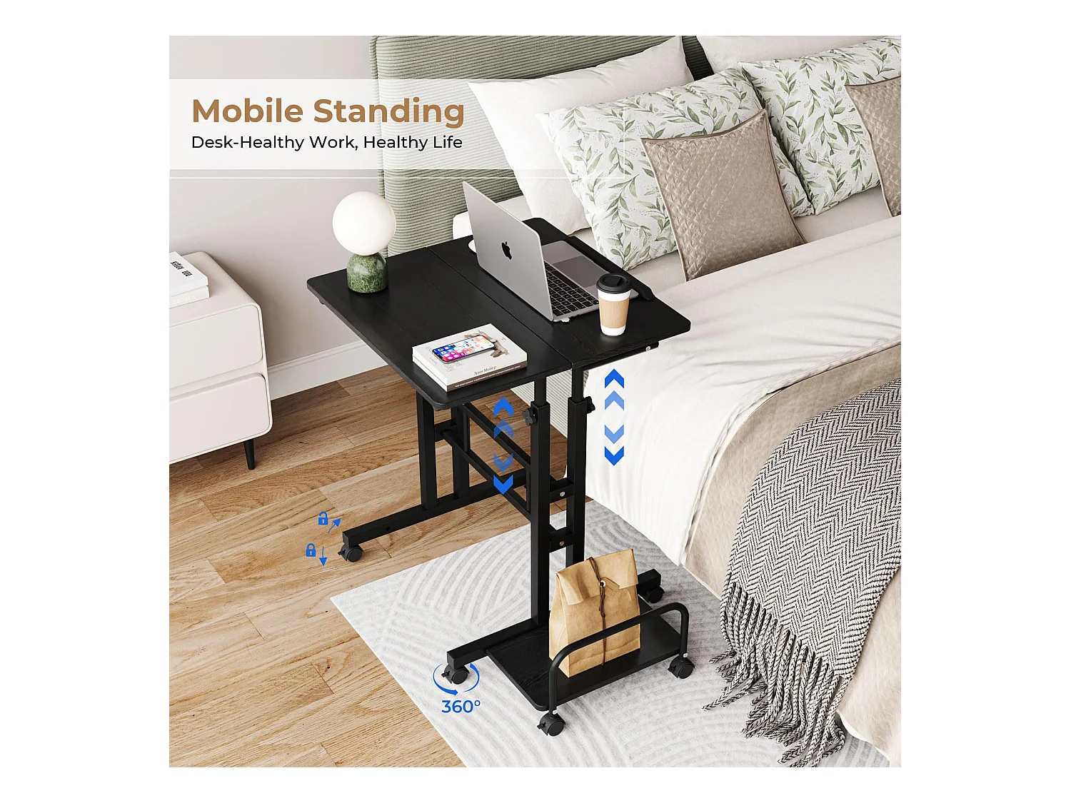 Bureau Debout réglable en Hauteur 60 x 60 cm avec 4 roulettes - Table pour Ordinateur Portable - Inclinable - pour la Maison et Le Bureau - Noir