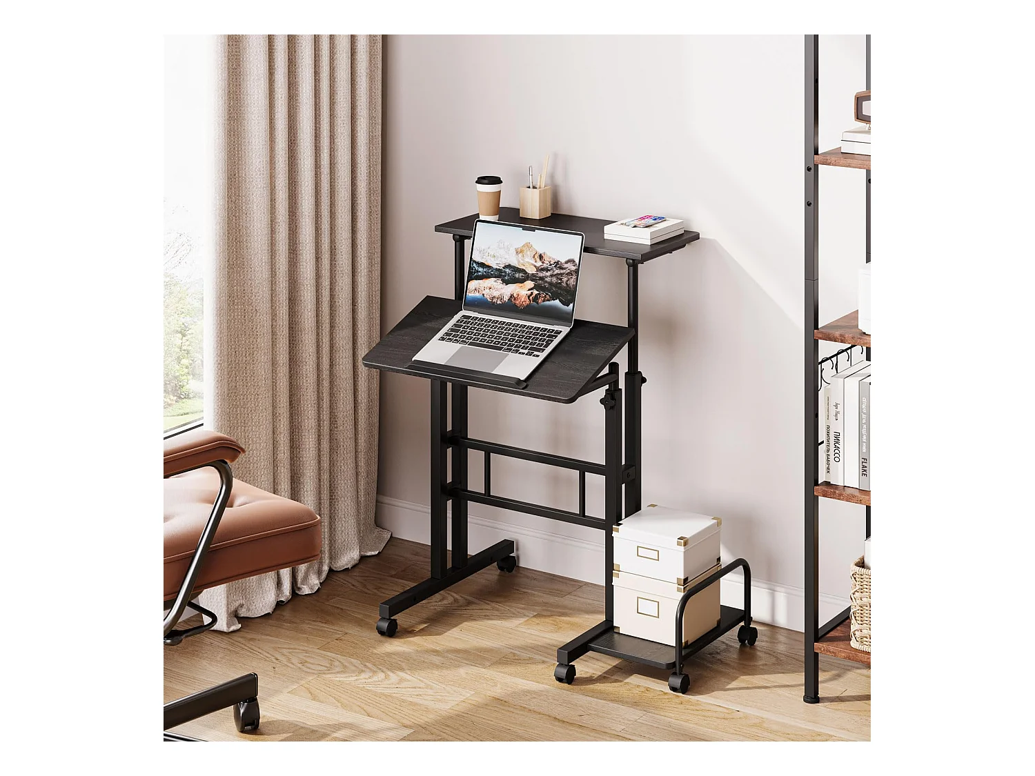 Bureau Debout réglable en Hauteur 60 x 60 cm avec 4 roulettes - Table pour Ordinateur Portable - Inclinable - pour la Maison et Le Bureau - Noir