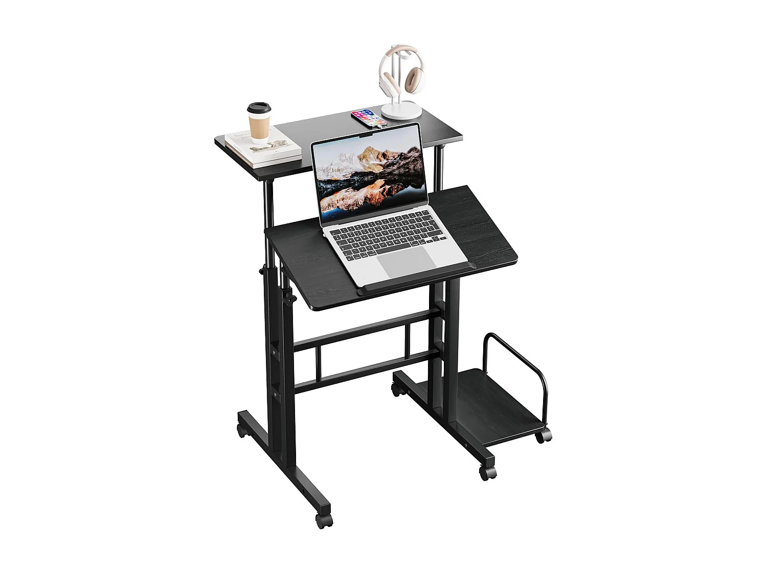 Bureau Debout réglable en Hauteur 60 x 60 cm avec 4 roulettes - Table pour Ordinateur Portable - Inclinable - pour la Maison et Le Bureau - Noir