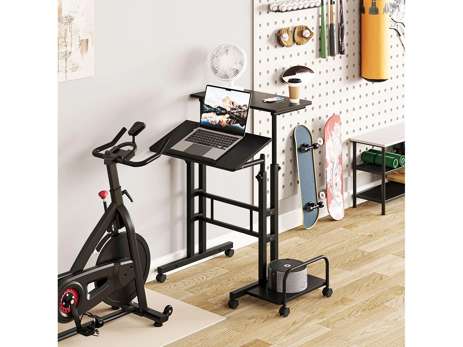 Bureau Debout réglable en Hauteur 60 x 60 cm avec 4 roulettes - Table pour Ordinateur Portable - Inclinable - pour la Maison et Le Bureau - Noir