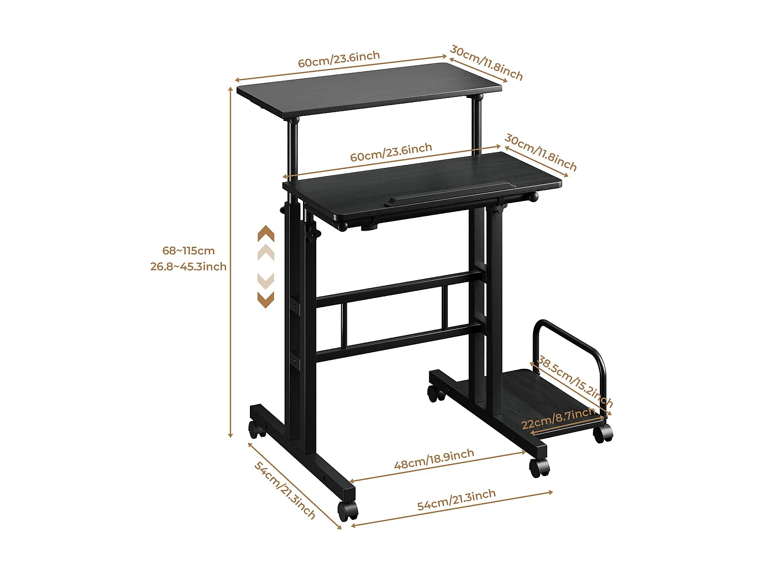 Bureau Debout réglable en Hauteur 60 x 60 cm avec 4 roulettes - Table pour Ordinateur Portable - Inclinable - pour la Maison et Le Bureau - Noir