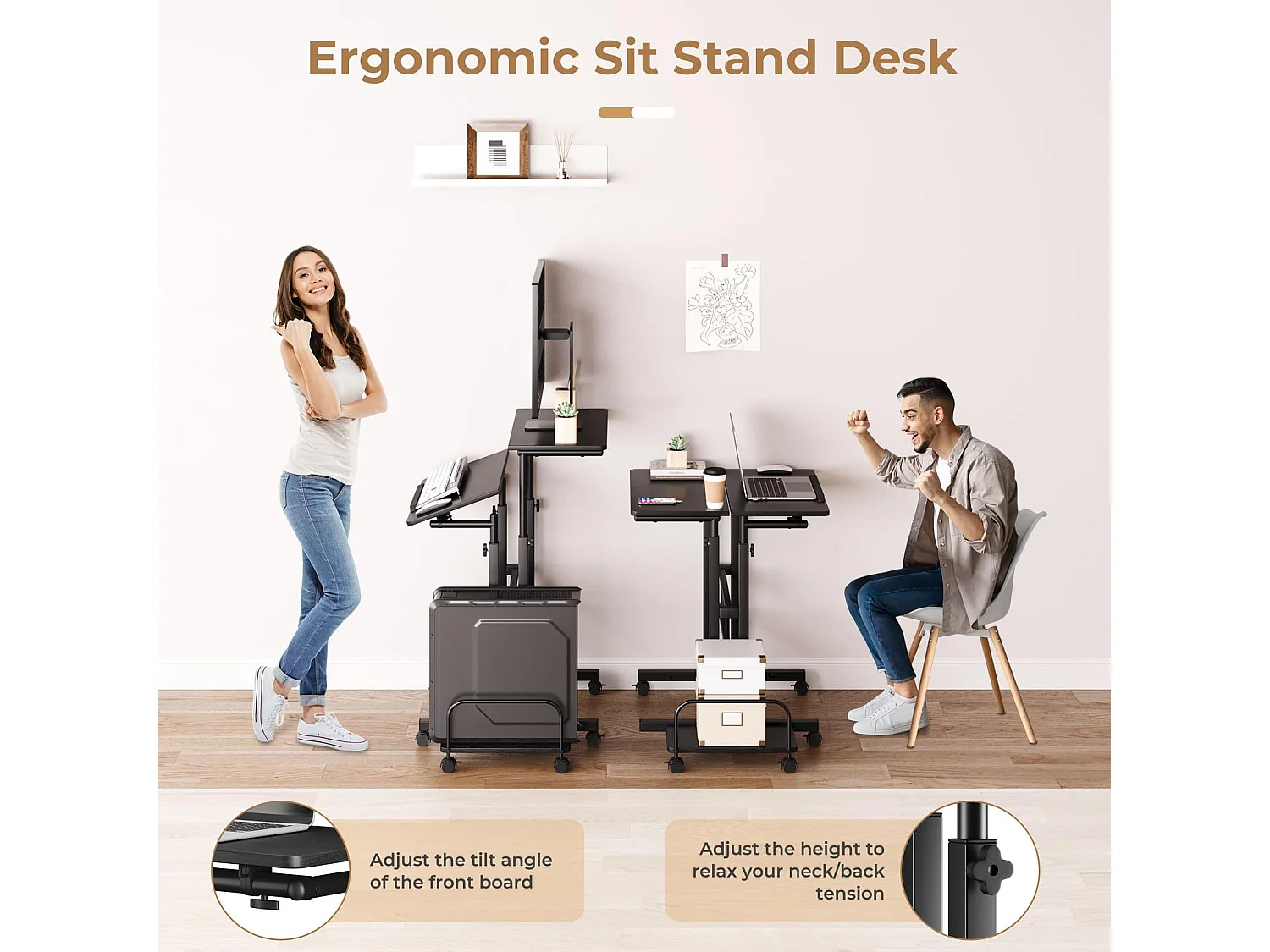 Bureau Debout réglable en Hauteur 60 x 60 cm avec 4 roulettes - Table pour Ordinateur Portable - Inclinable - pour la Maison et Le Bureau - Noir