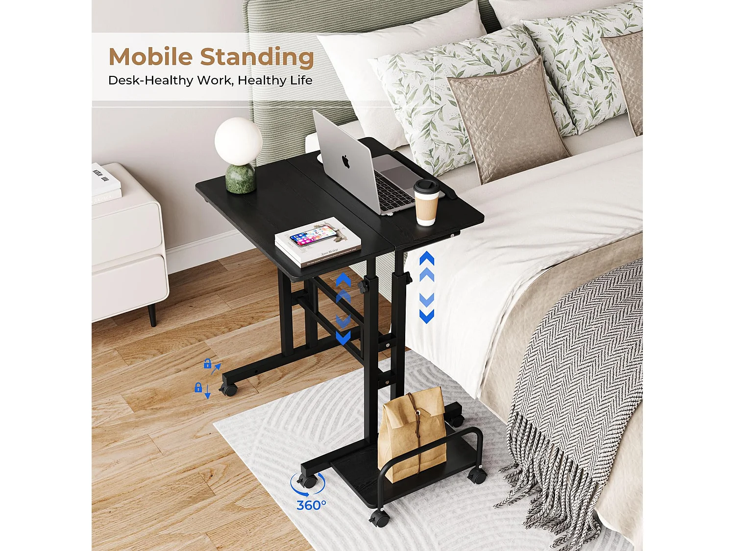 Bureau Debout réglable en Hauteur 60 x 60 cm avec 4 roulettes - Table pour Ordinateur Portable - Inclinable - pour la Maison et Le Bureau - Noir