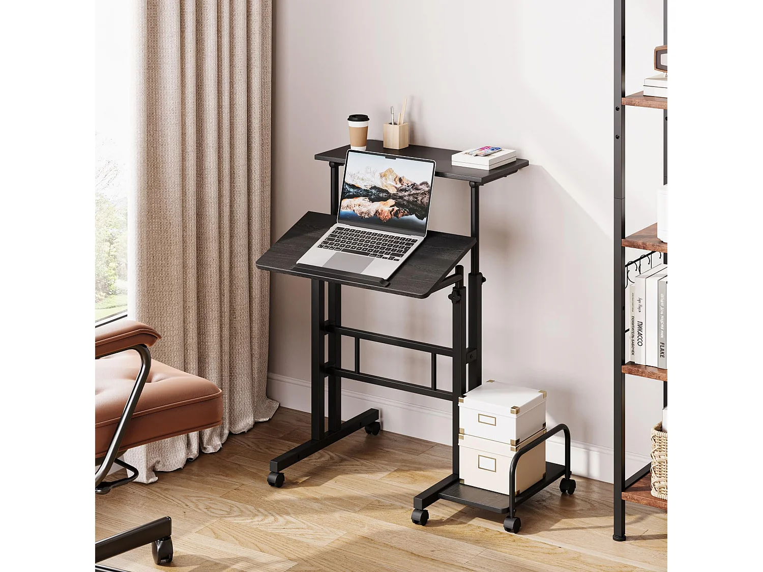 Bureau Debout réglable en Hauteur 60 x 60 cm avec 4 roulettes - Table pour Ordinateur Portable - Inclinable - pour la Maison et Le Bureau - Noir