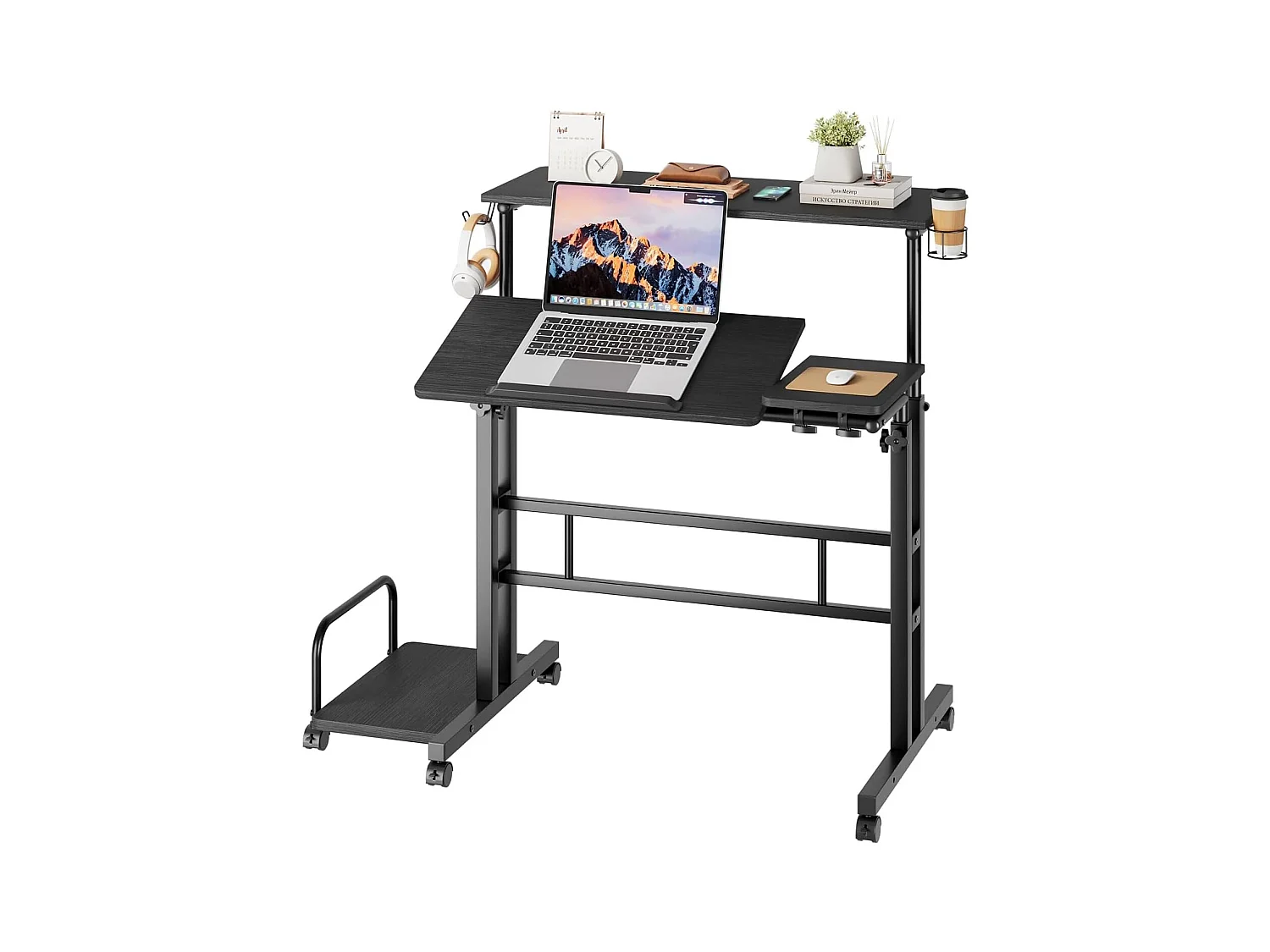 Bureau debout réglable en hauteur avec roulettes - Bureau debout mobile avec plateau inclinable - 80 x 60 cm - Pour ordinateur portable et bureau - Noir