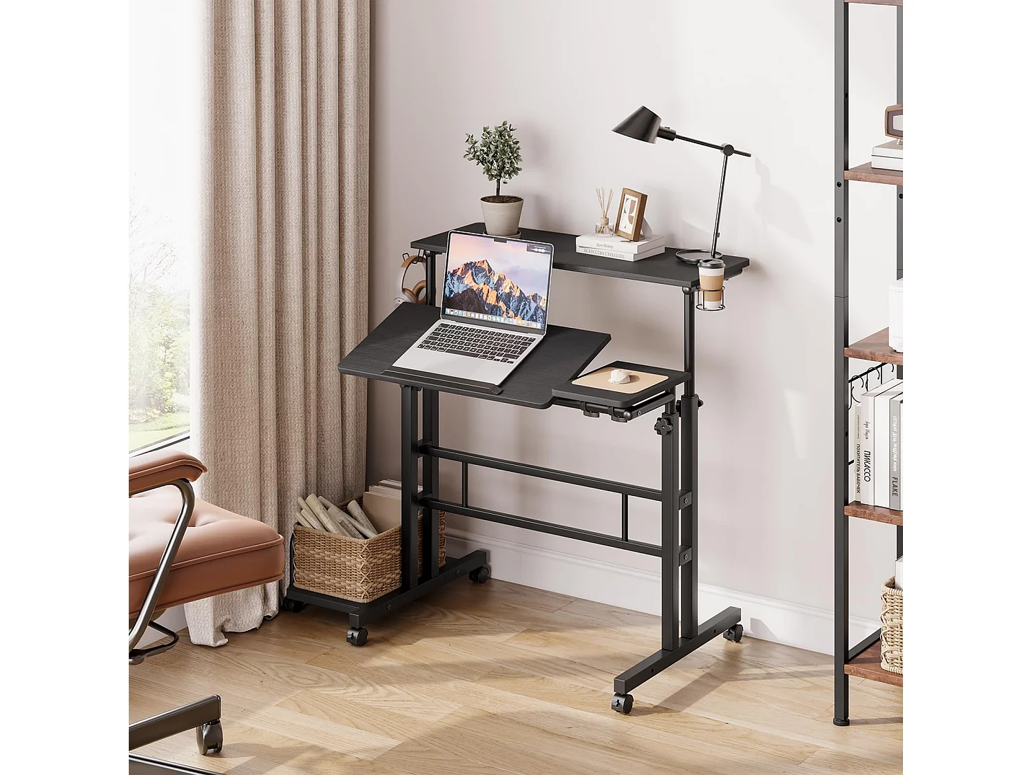 Bureau debout réglable en hauteur avec roulettes - Bureau debout mobile avec plateau inclinable - 80 x 60 cm - Pour ordinateur portable et bureau - Noir