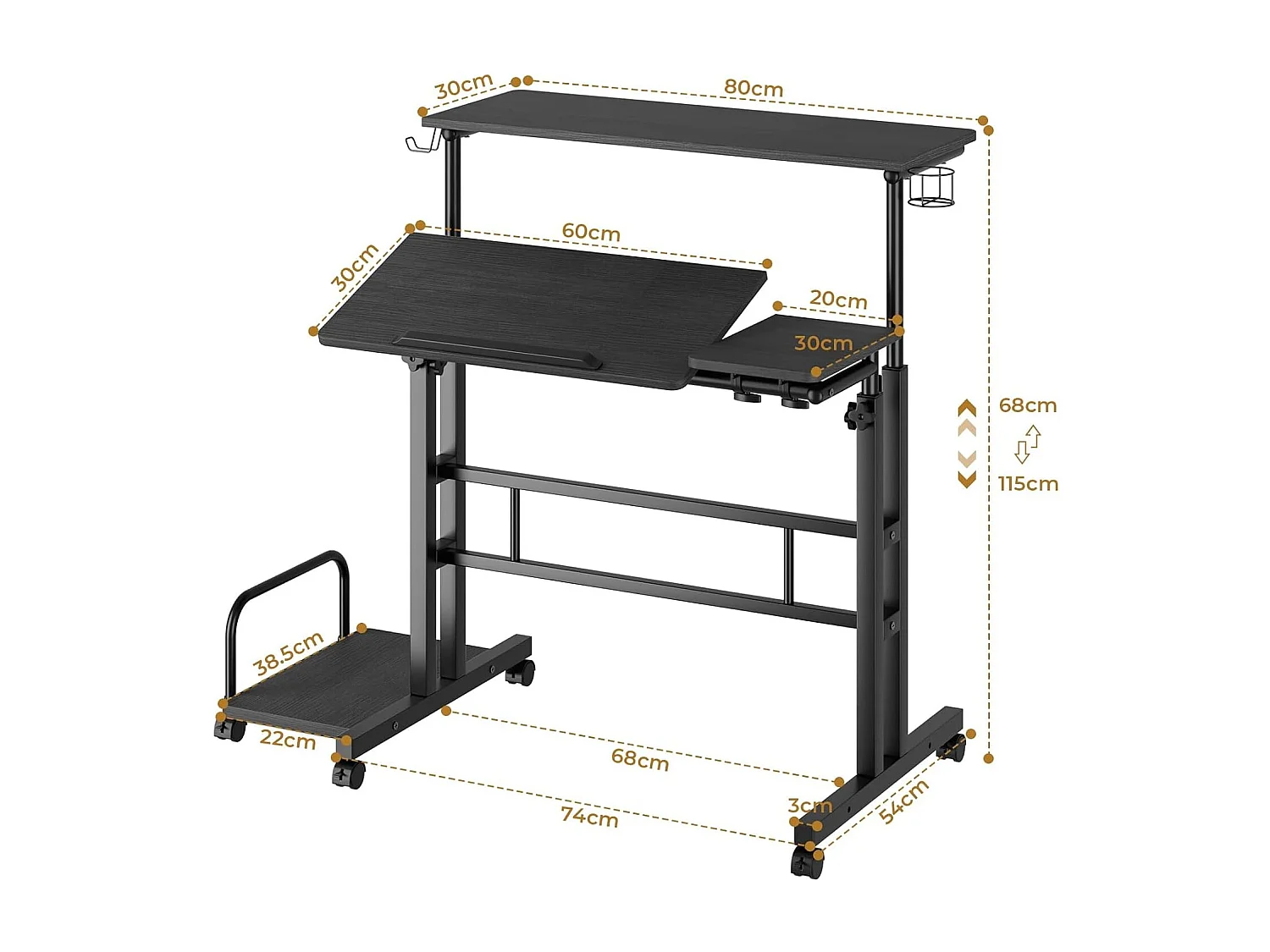 Bureau debout réglable en hauteur avec roulettes - Bureau debout mobile avec plateau inclinable - 80 x 60 cm - Pour ordinateur portable et bureau - Noir