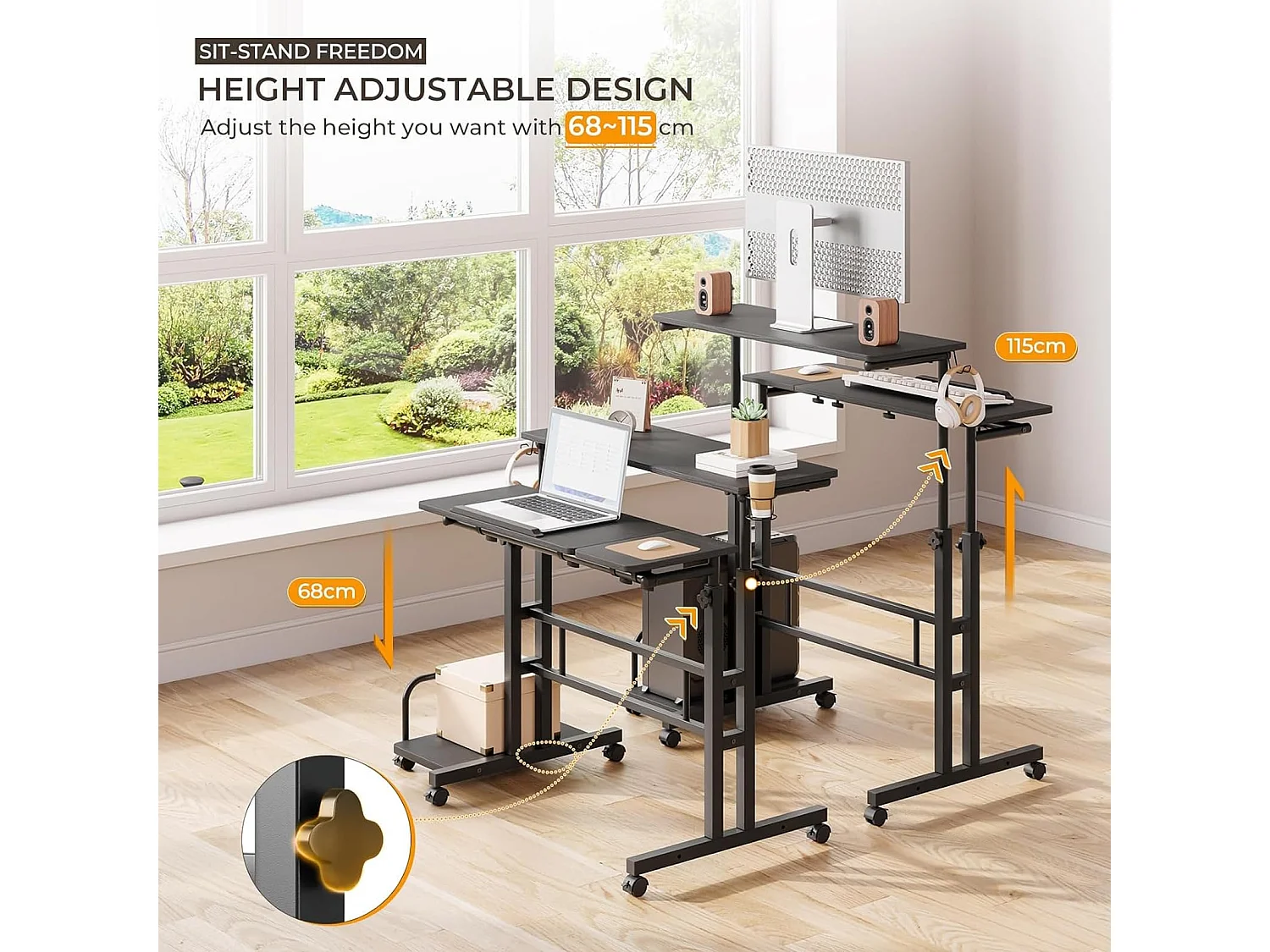 Bureau debout réglable en hauteur avec roulettes - Bureau debout mobile avec plateau inclinable - 80 x 60 cm - Pour ordinateur portable et bureau - Noir