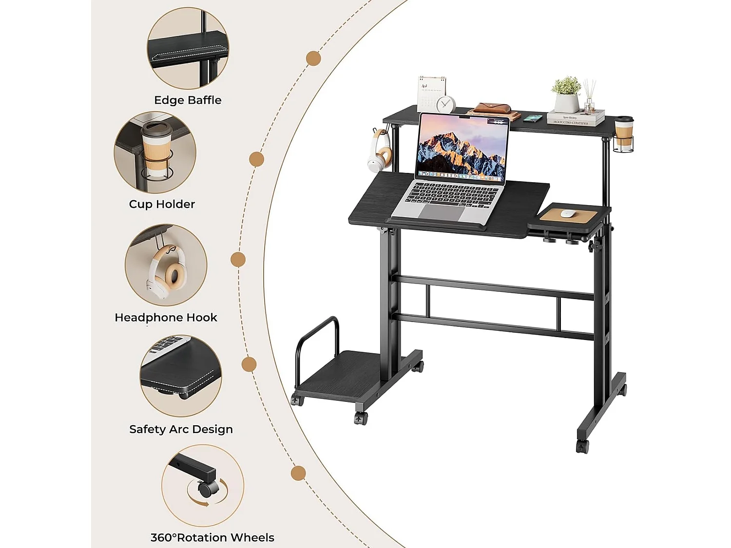 Bureau debout réglable en hauteur avec roulettes - Bureau debout mobile avec plateau inclinable - 80 x 60 cm - Pour ordinateur portable et bureau - Noir