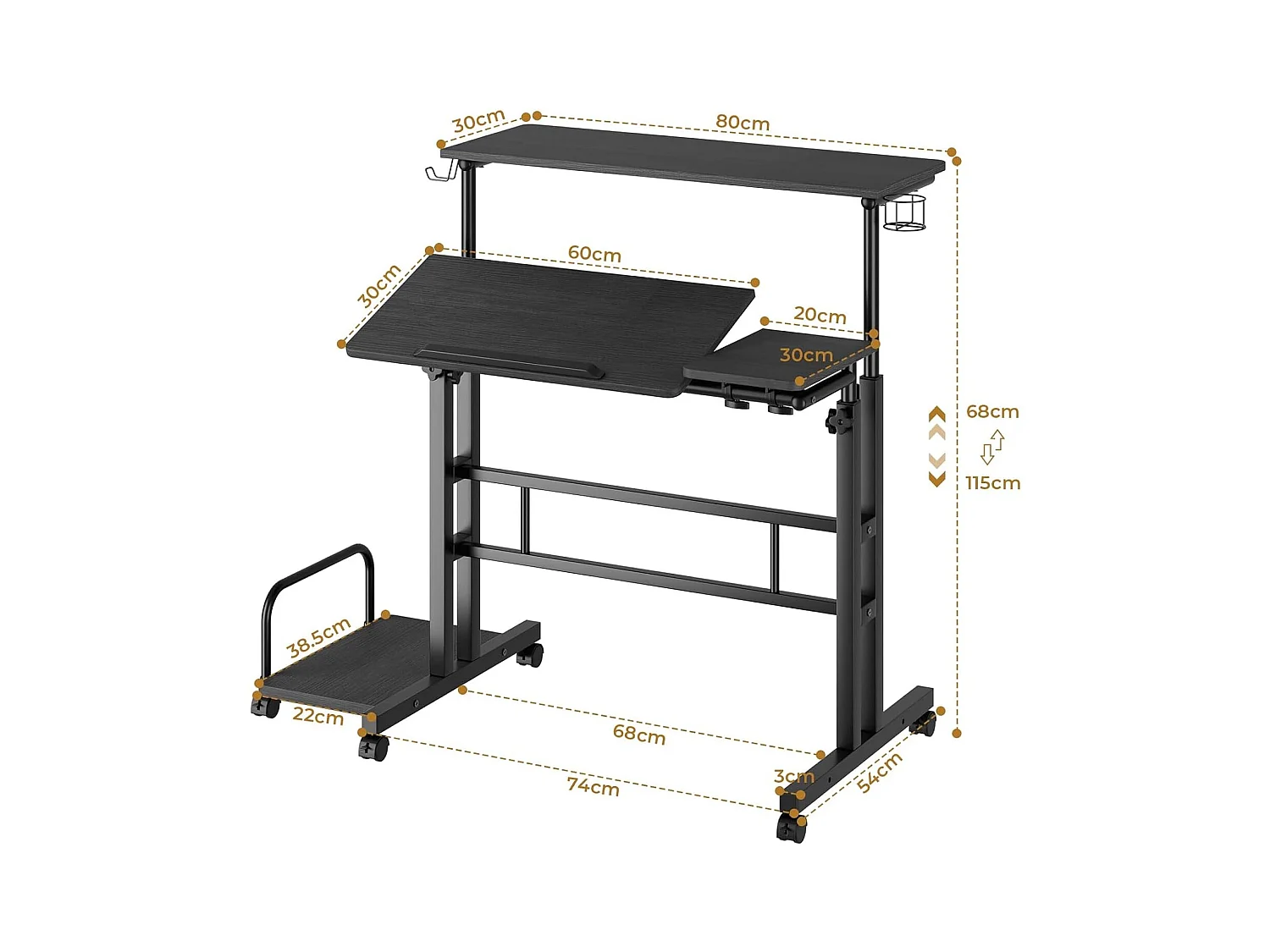 In hoogte verstelbaar sta-bureau met wielen - Mobiel sta-bureau met kantelbaar blad - 80 x 60 cm - Voor laptop en desktop - Zwart