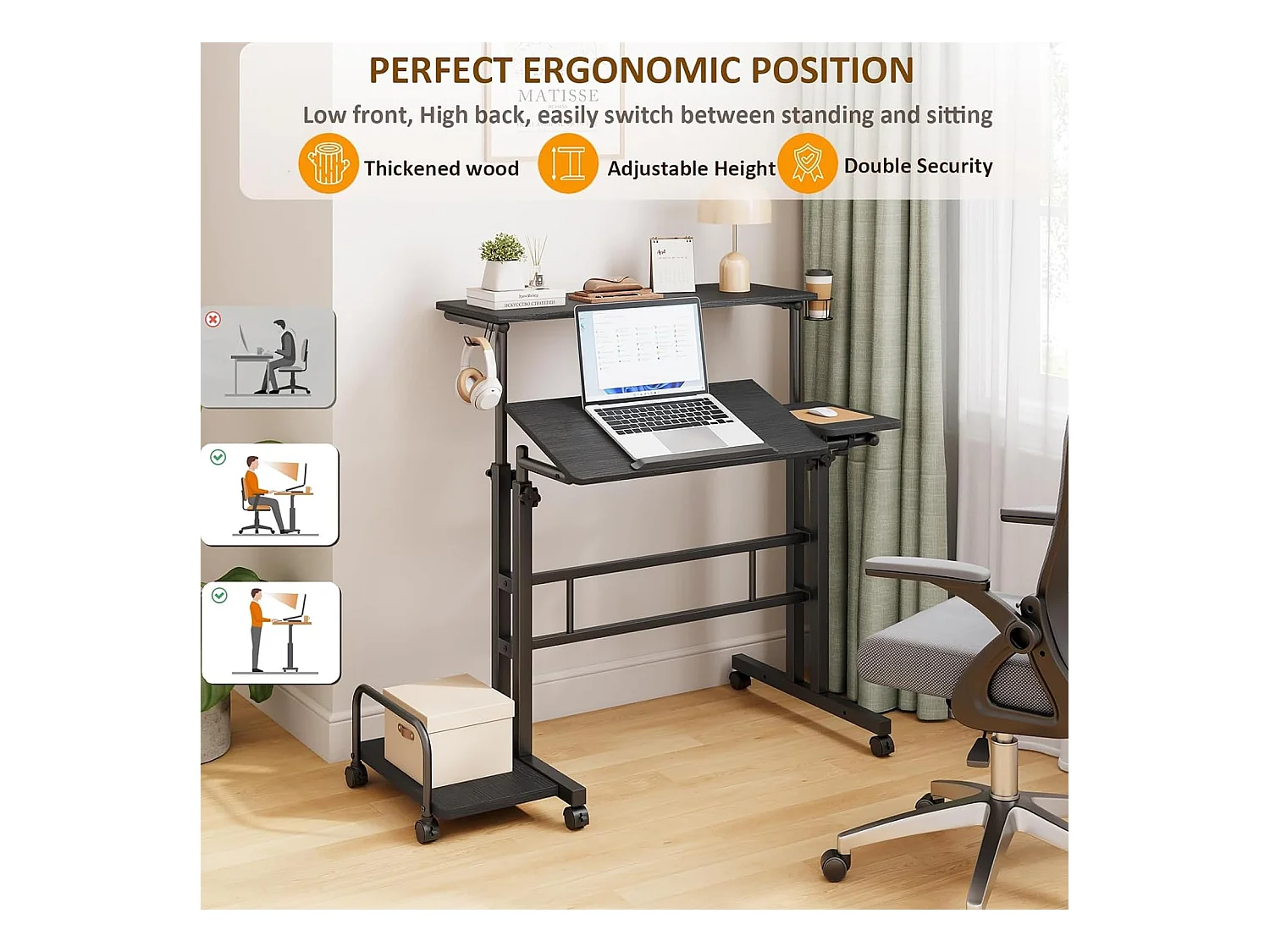 In hoogte verstelbaar sta-bureau met wielen - Mobiel sta-bureau met kantelbaar blad - 80 x 60 cm - Voor laptop en desktop - Zwart