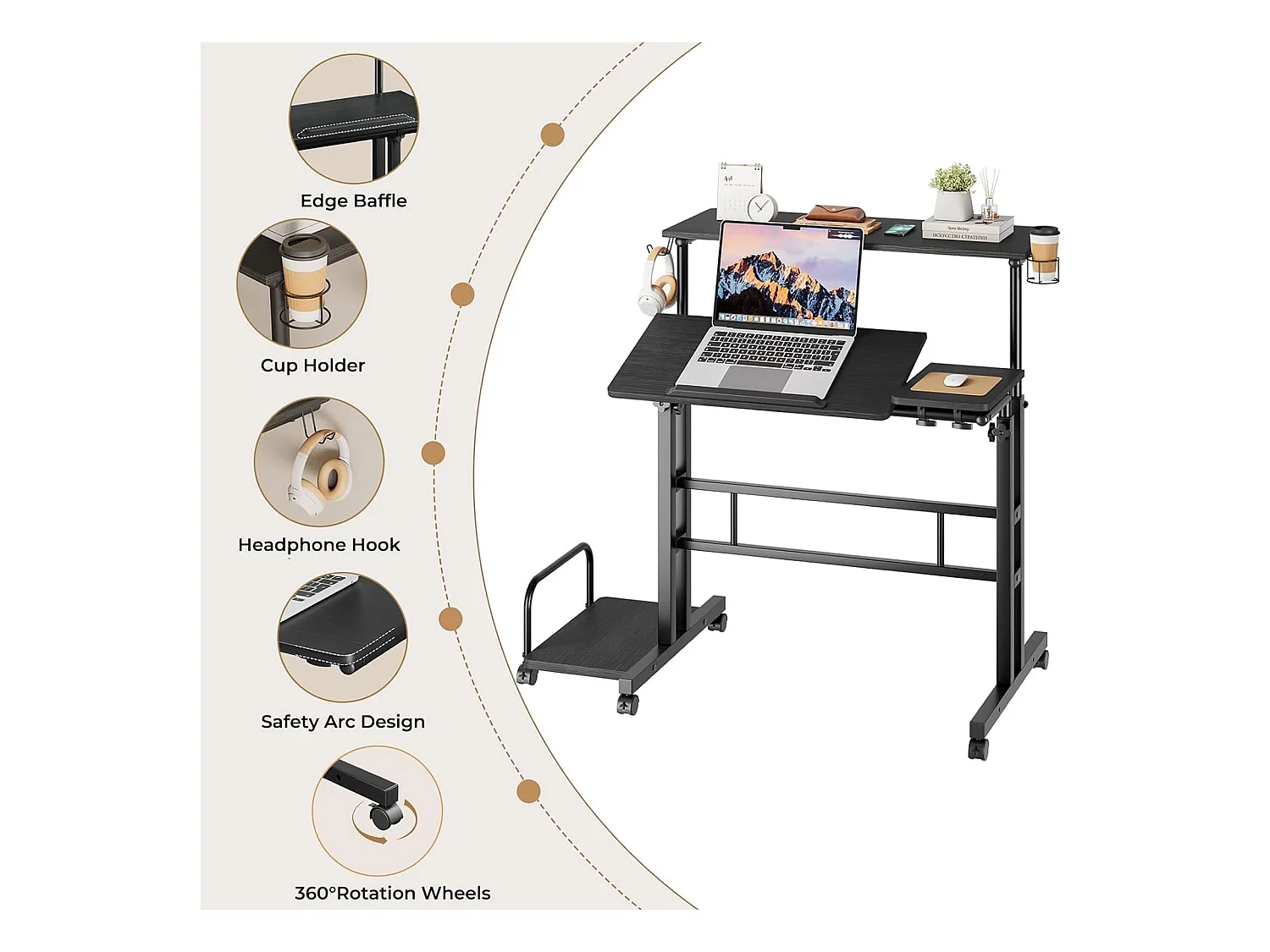 In hoogte verstelbaar sta-bureau met wielen - Mobiel sta-bureau met kantelbaar blad - 80 x 60 cm - Voor laptop en desktop - Zwart