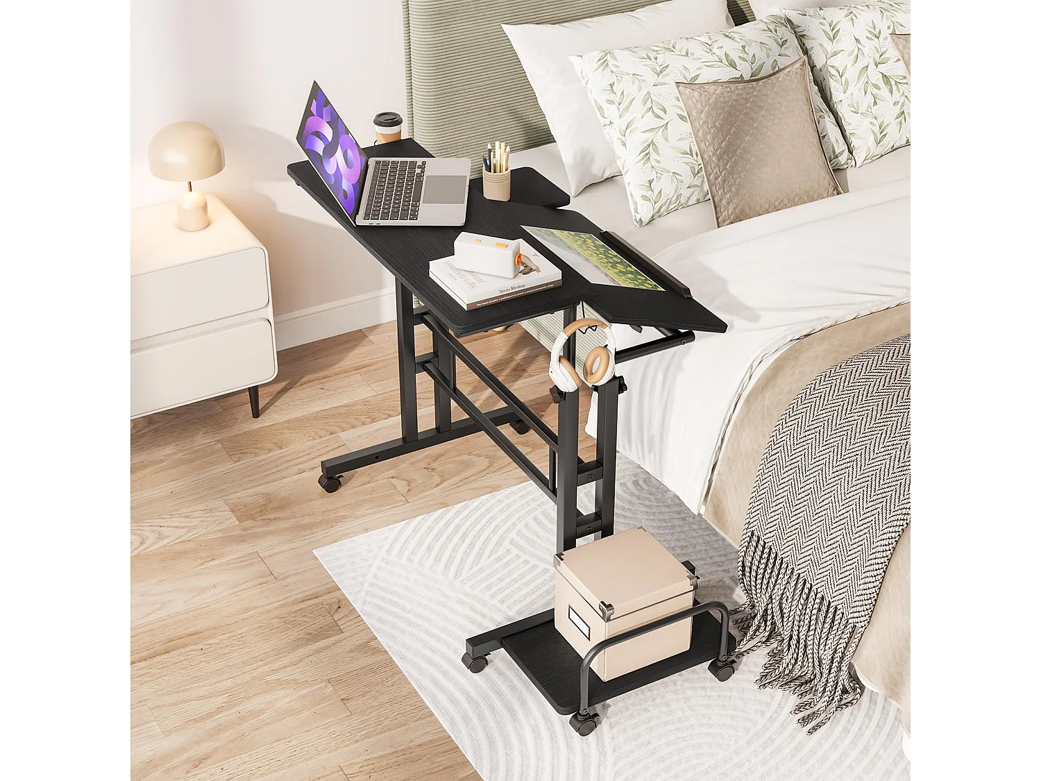 In hoogte verstelbaar sta-bureau met wielen - Mobiel sta-bureau met kantelbaar blad - 80 x 60 cm - Voor laptop en desktop - Zwart