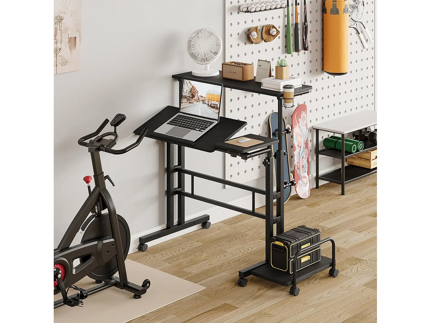 In hoogte verstelbaar sta-bureau met wielen - Mobiel sta-bureau met kantelbaar blad - 80 x 60 cm - Voor laptop en desktop - Zwart