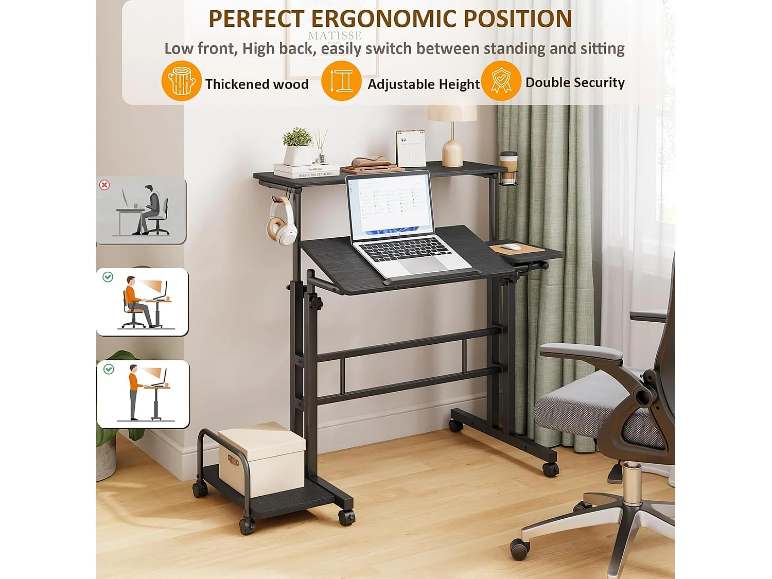 Bureau debout réglable en hauteur avec roulettes - Bureau debout mobile avec plateau inclinable - 80 x 60 cm - Pour ordinateur portable et bureau - Noir