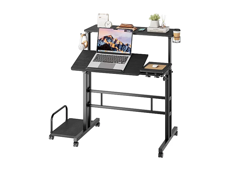 In hoogte verstelbaar sta-bureau met wielen - Mobiel sta-bureau met kantelbaar blad - 80 x 60 cm - Voor laptop en desktop - Zwart