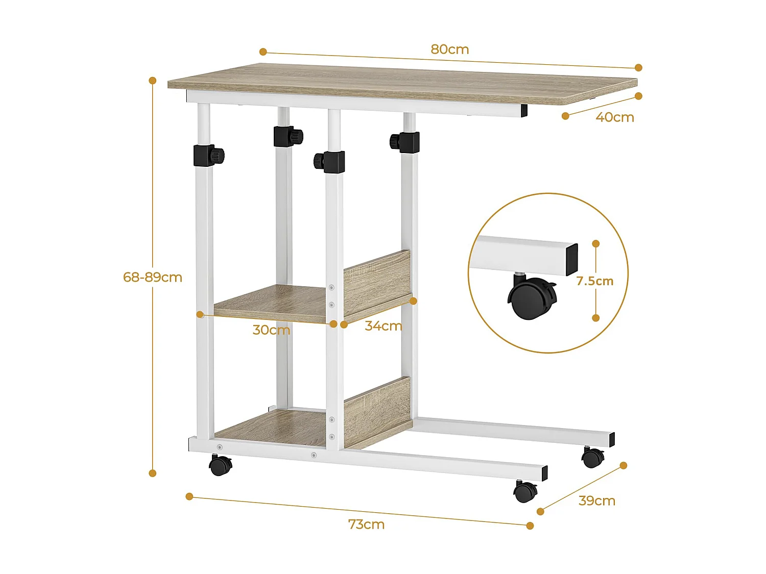 Table Roulante, Table d'Appoint Mobile Réglable en Hauteur, Table Multiusage avec 4 roulettes et 2 Étagères de Rangement pour Canapé/Lit/Balcon-Blanc Chêne Clair