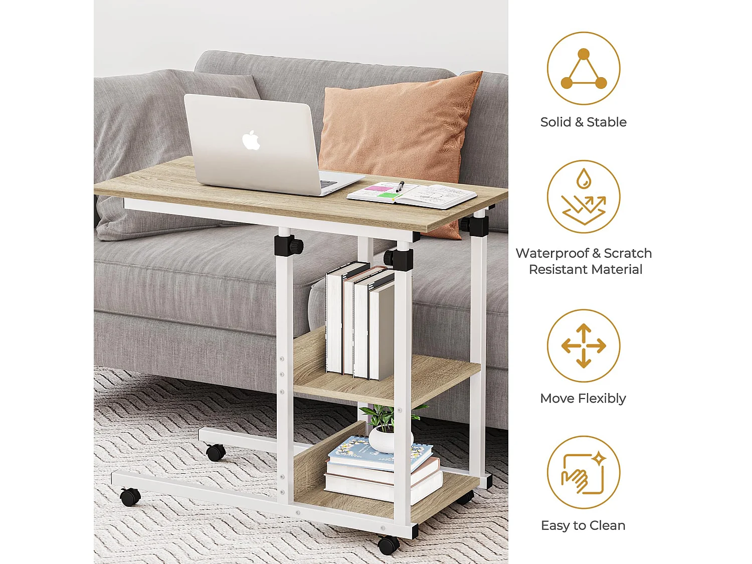 Table Roulante, Table d'Appoint Mobile Réglable en Hauteur, Table Multiusage avec 4 roulettes et 2 Étagères de Rangement pour Canapé/Lit/Balcon-Blanc Chêne Clair