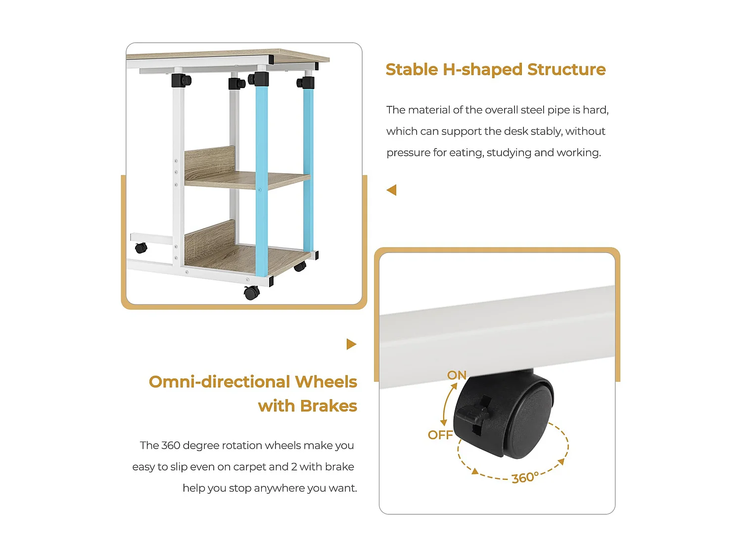 Table Roulante, Table d'Appoint Mobile Réglable en Hauteur, Table Multiusage avec 4 roulettes et 2 Étagères de Rangement pour Canapé/Lit/Balcon-Blanc Chêne Clair