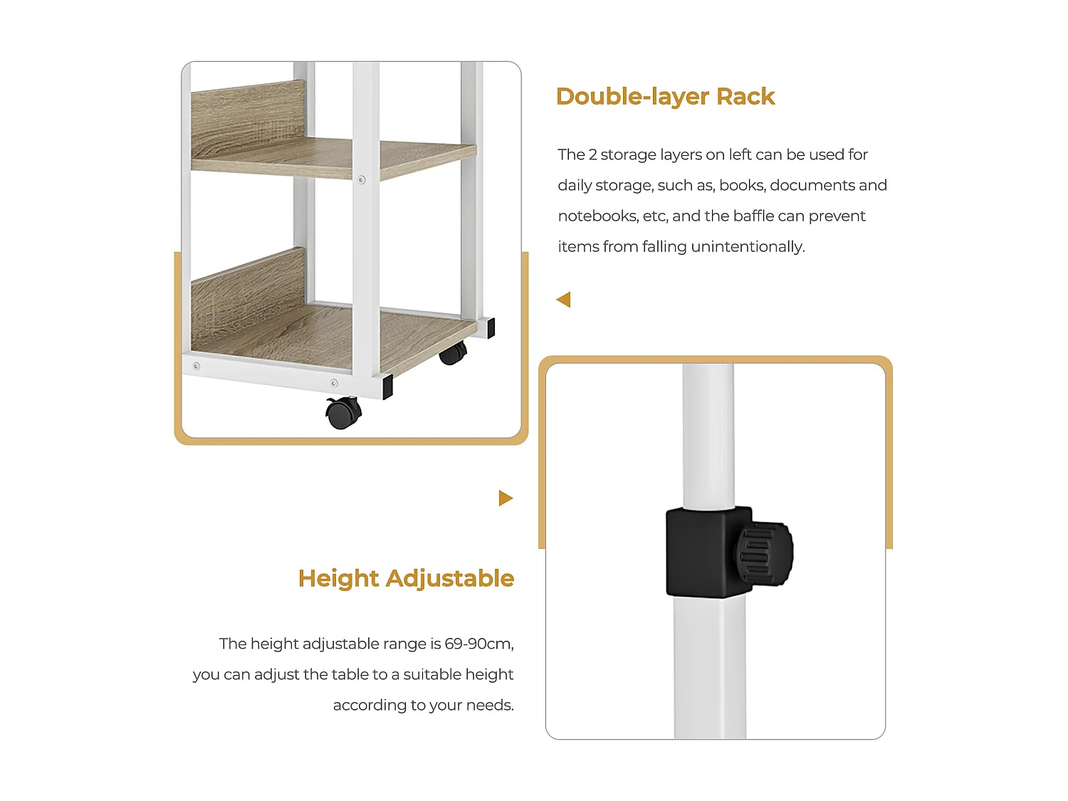 Table Roulante, Table d'Appoint Mobile Réglable en Hauteur, Table Multiusage avec 4 roulettes et 2 Étagères de Rangement pour Canapé/Lit/Balcon-Blanc Chêne Clair