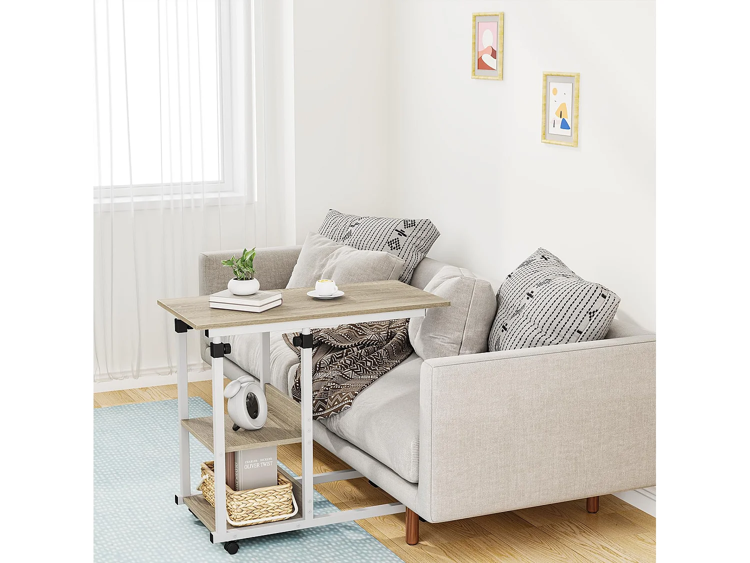 Table Roulante, Table d'Appoint Mobile Réglable en Hauteur, Table Multiusage avec 4 roulettes et 2 Étagères de Rangement pour Canapé/Lit/Balcon-Blanc Chêne Clair