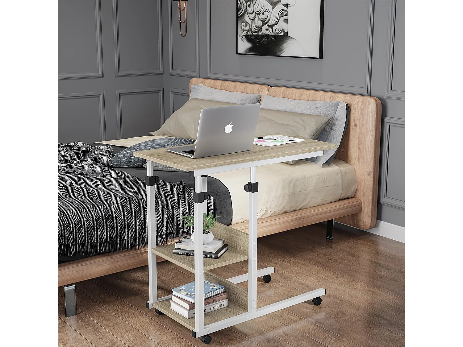 Table Roulante, Table d'Appoint Mobile Réglable en Hauteur, Table Multiusage avec 4 roulettes et 2 Étagères de Rangement pour Canapé/Lit/Balcon-Blanc Chêne Clair