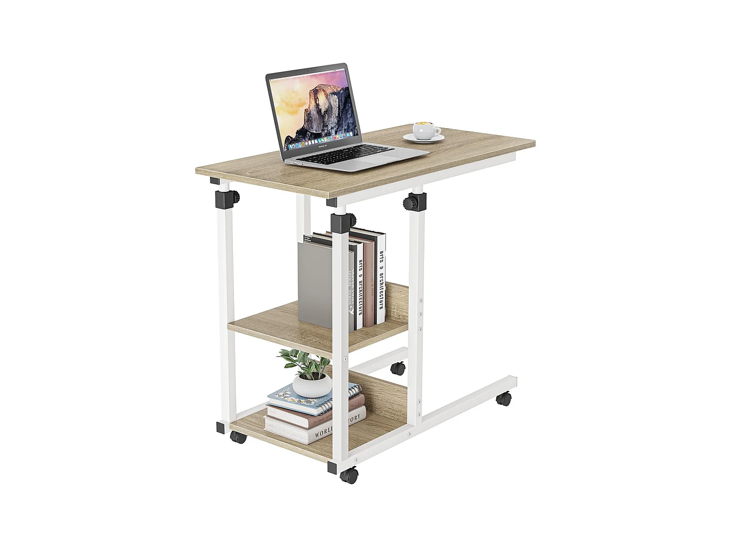 Table Roulante, Table d'Appoint Mobile Réglable en Hauteur, Table Multiusage avec 4 roulettes et 2 Étagères de Rangement pour Canapé/Lit/Balcon-Blanc Chêne Clair