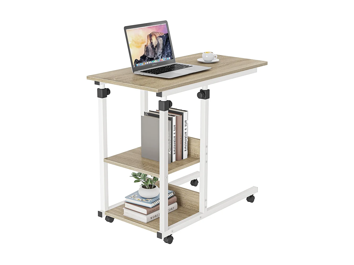 Table Roulante, Table d'Appoint Mobile Réglable en Hauteur, Table Multiusage avec 4 roulettes et 2 Étagères de Rangement pour Canapé/Lit/Balcon-Blanc Chêne Clair