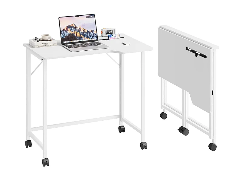 Bureau pliant blanc 80x52x74,5 cm avec roulettes et fente, idéal comme petit bureau informatique pour la maison, l’étude ou l’extérieur