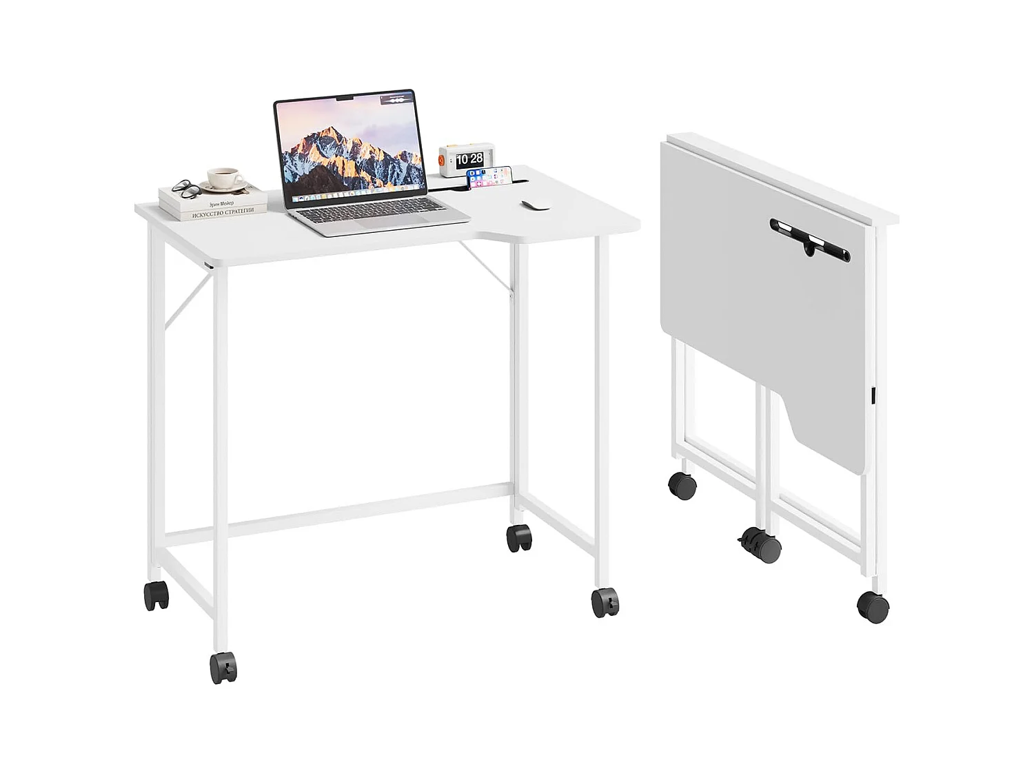 Bureau pliant blanc 80x52x74,5 cm avec roulettes et fente, idéal comme petit bureau informatique pour la maison, l’étude ou l’extérieur