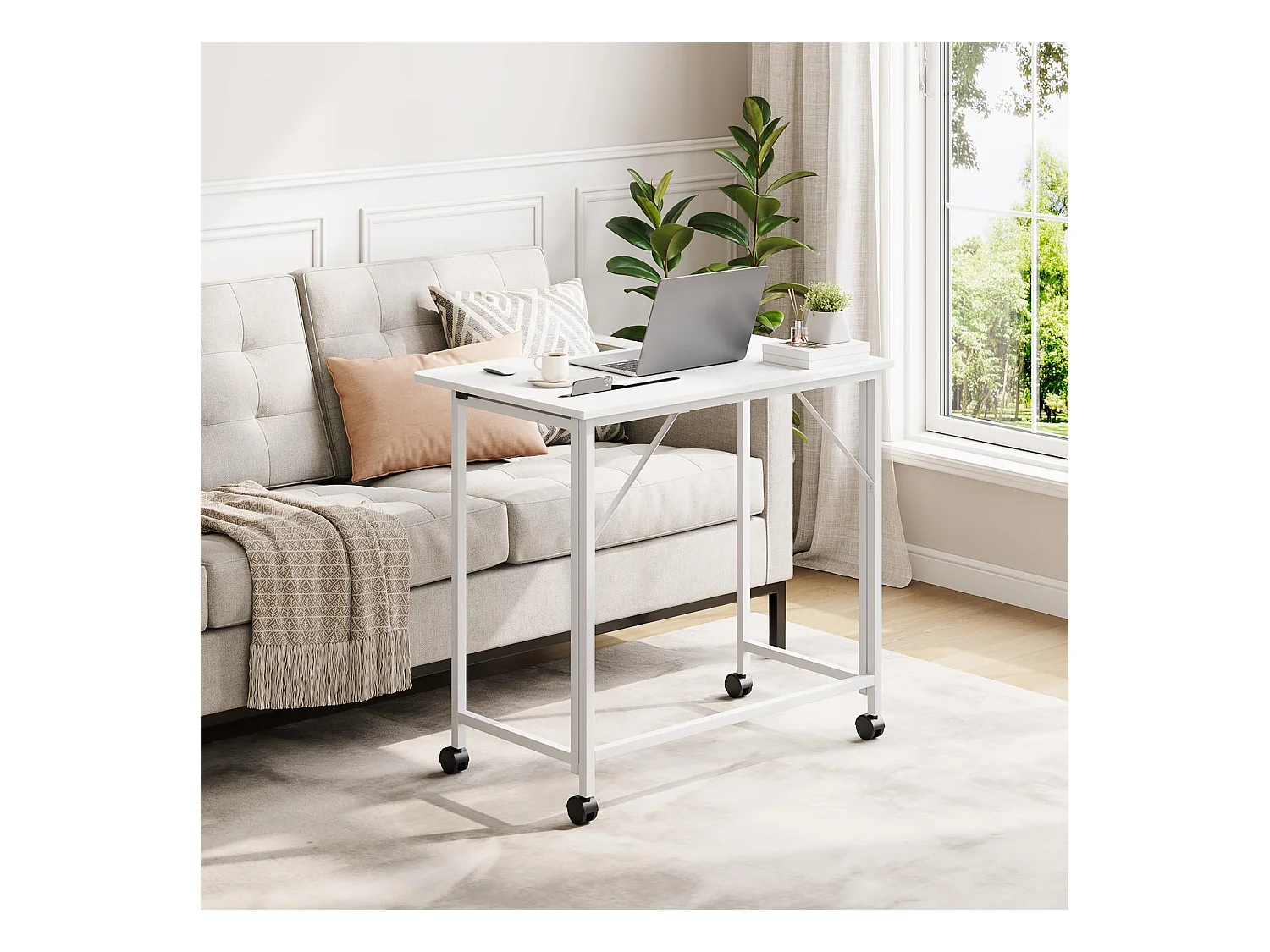 Wit opvouwbaar bureau 80x52x74,5 cm met wielen en gleuf, ideaal als klein computerbureau voor thuis, studeerkamer of buiten