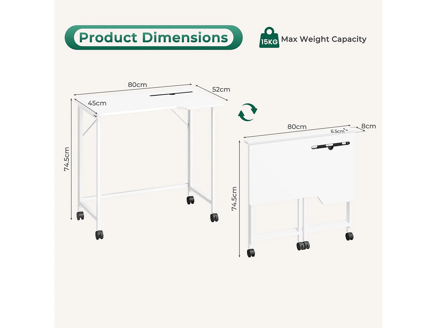 Wit opvouwbaar bureau 80x52x74,5 cm met wielen en gleuf, ideaal als klein computerbureau voor thuis, studeerkamer of buiten
