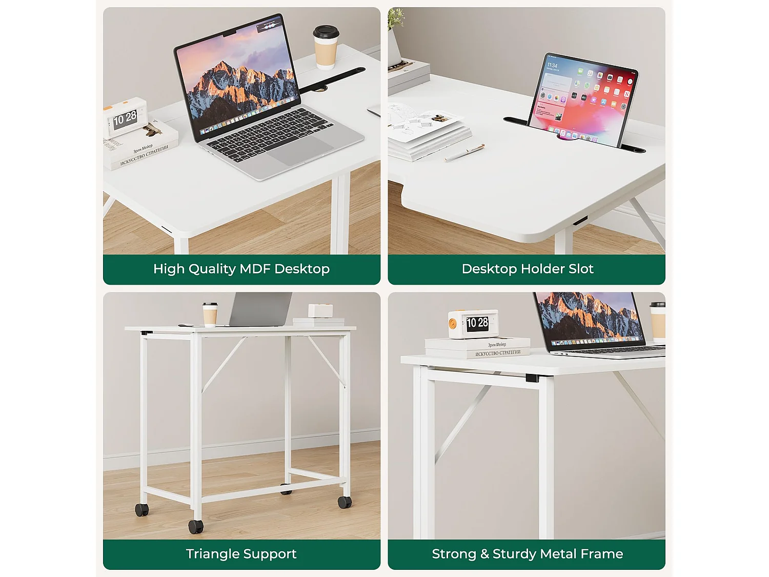 Wit opvouwbaar bureau 80x52x74,5 cm met wielen en gleuf, ideaal als klein computerbureau voor thuis, studeerkamer of buiten