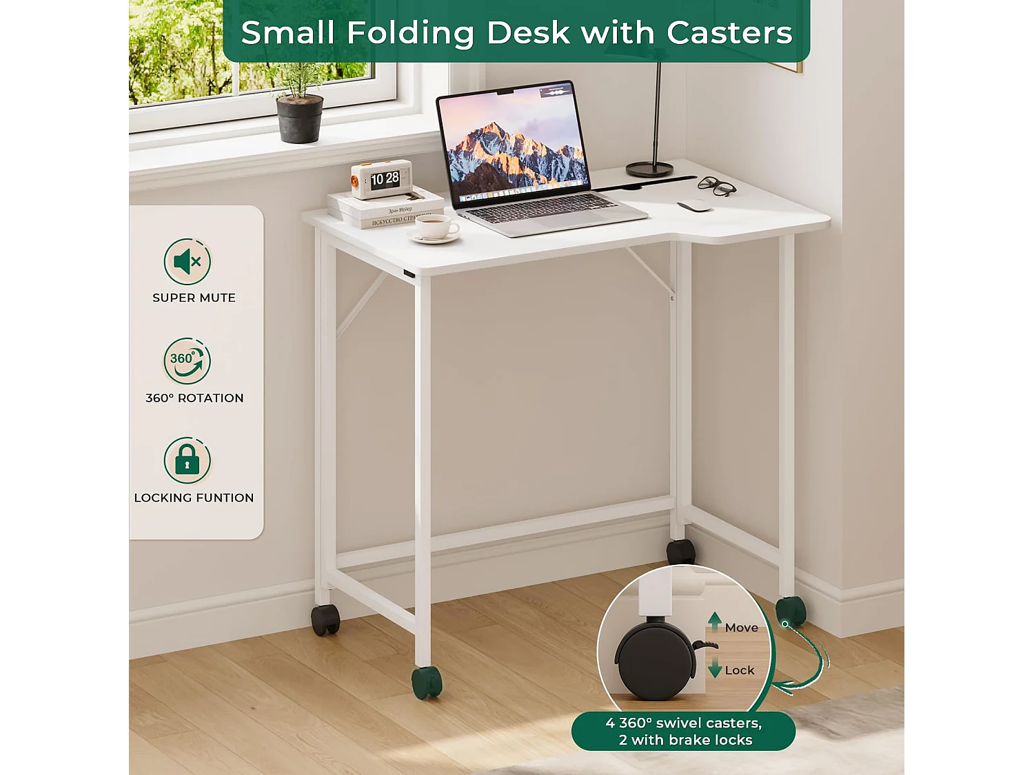 Wit opvouwbaar bureau 80x52x74,5 cm met wielen en gleuf, ideaal als klein computerbureau voor thuis, studeerkamer of buiten