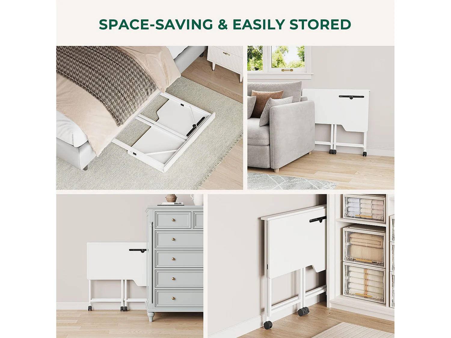 Wit opvouwbaar bureau 80x52x74,5 cm met wielen en gleuf, ideaal als klein computerbureau voor thuis, studeerkamer of buiten