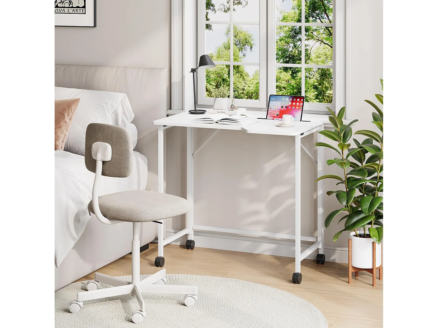 Wit opvouwbaar bureau 80x52x74,5 cm met wielen en gleuf, ideaal als klein computerbureau voor thuis, studeerkamer of buiten