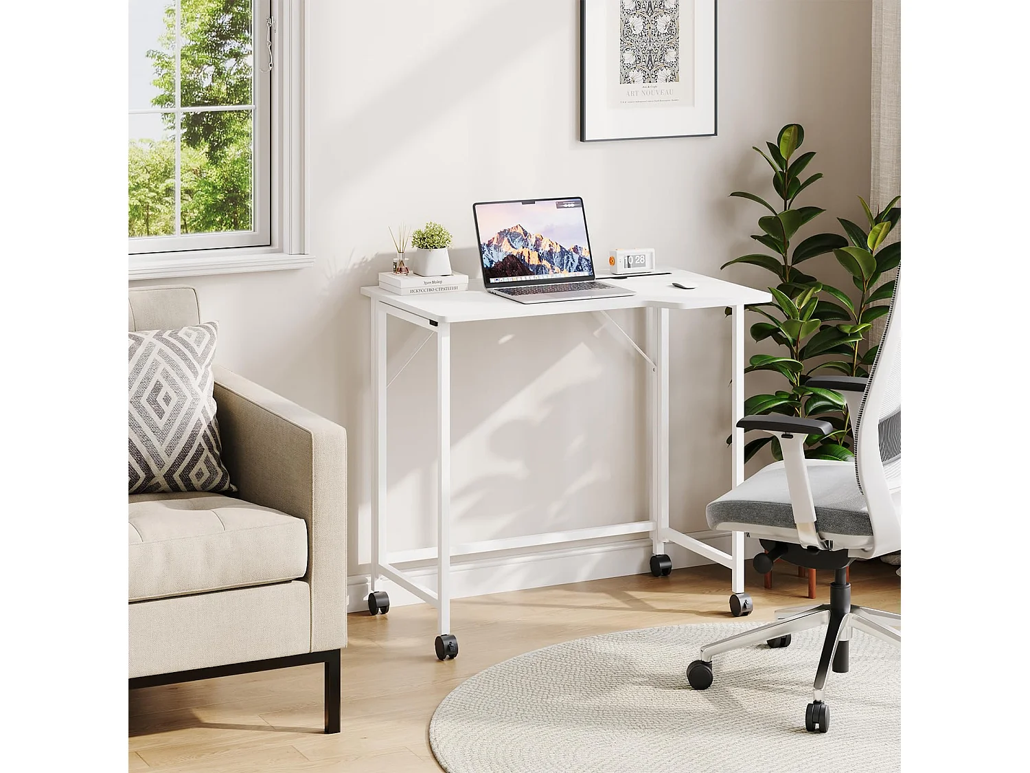 Wit opvouwbaar bureau 80x52x74,5 cm met wielen en gleuf, ideaal als klein computerbureau voor thuis, studeerkamer of buiten