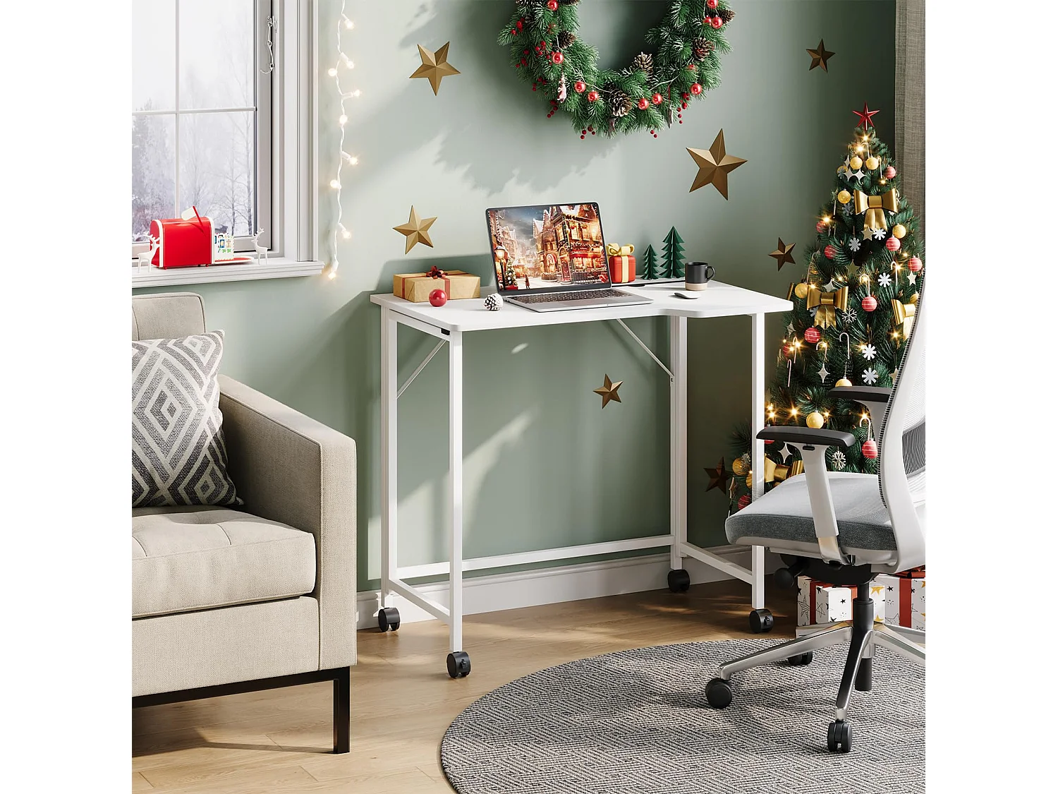 Wit opvouwbaar bureau 80x52x74,5 cm met wielen en gleuf, ideaal als klein computerbureau voor thuis, studeerkamer of buiten