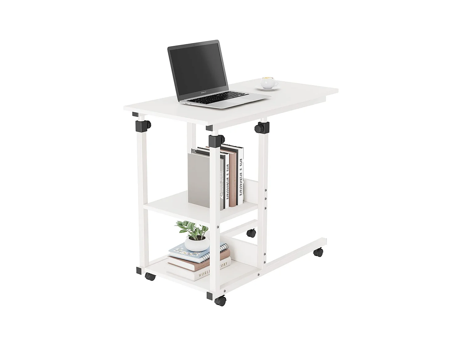 Table Roulante, Table d'Appoint Mobile Réglable en Hauteur, Table Multiusage avec 4 roulettes et 2 Étagères de Rangement pour Canapé/Lit/Balcon-Blanc
