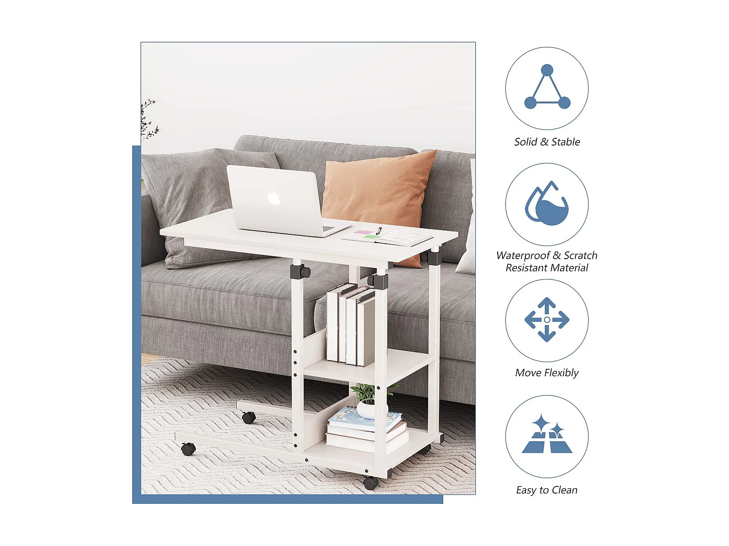 Table Roulante, Table d'Appoint Mobile Réglable en Hauteur, Table Multiusage avec 4 roulettes et 2 Étagères de Rangement pour Canapé/Lit/Balcon-Blanc