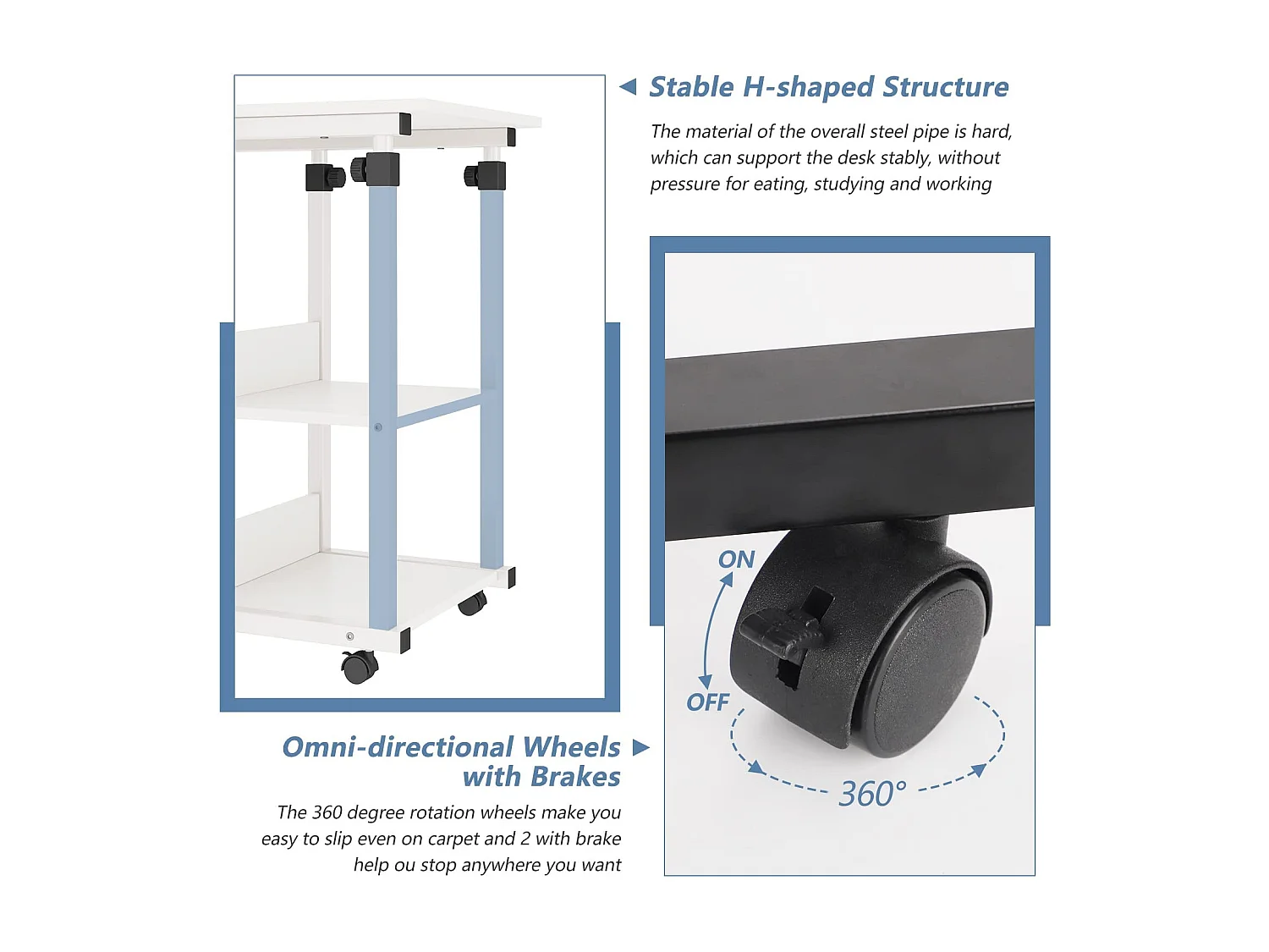 Table Roulante, Table d'Appoint Mobile Réglable en Hauteur, Table Multiusage avec 4 roulettes et 2 Étagères de Rangement pour Canapé/Lit/Balcon-Blanc