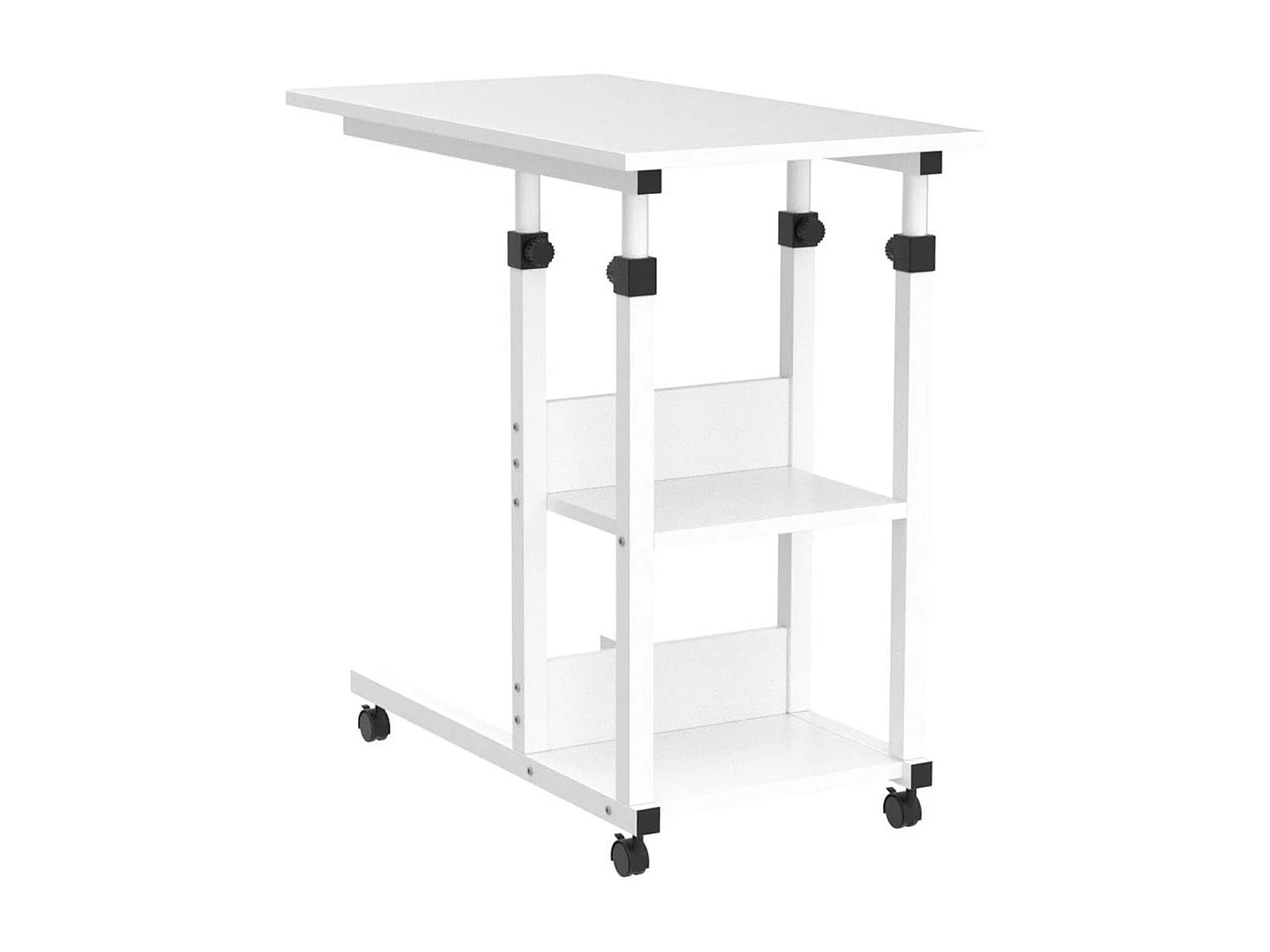 Table Roulante, Table d'Appoint Mobile Réglable en Hauteur, Table Multiusage avec 4 roulettes et 2 Étagères de Rangement pour Canapé/Lit/Balcon-Blanc