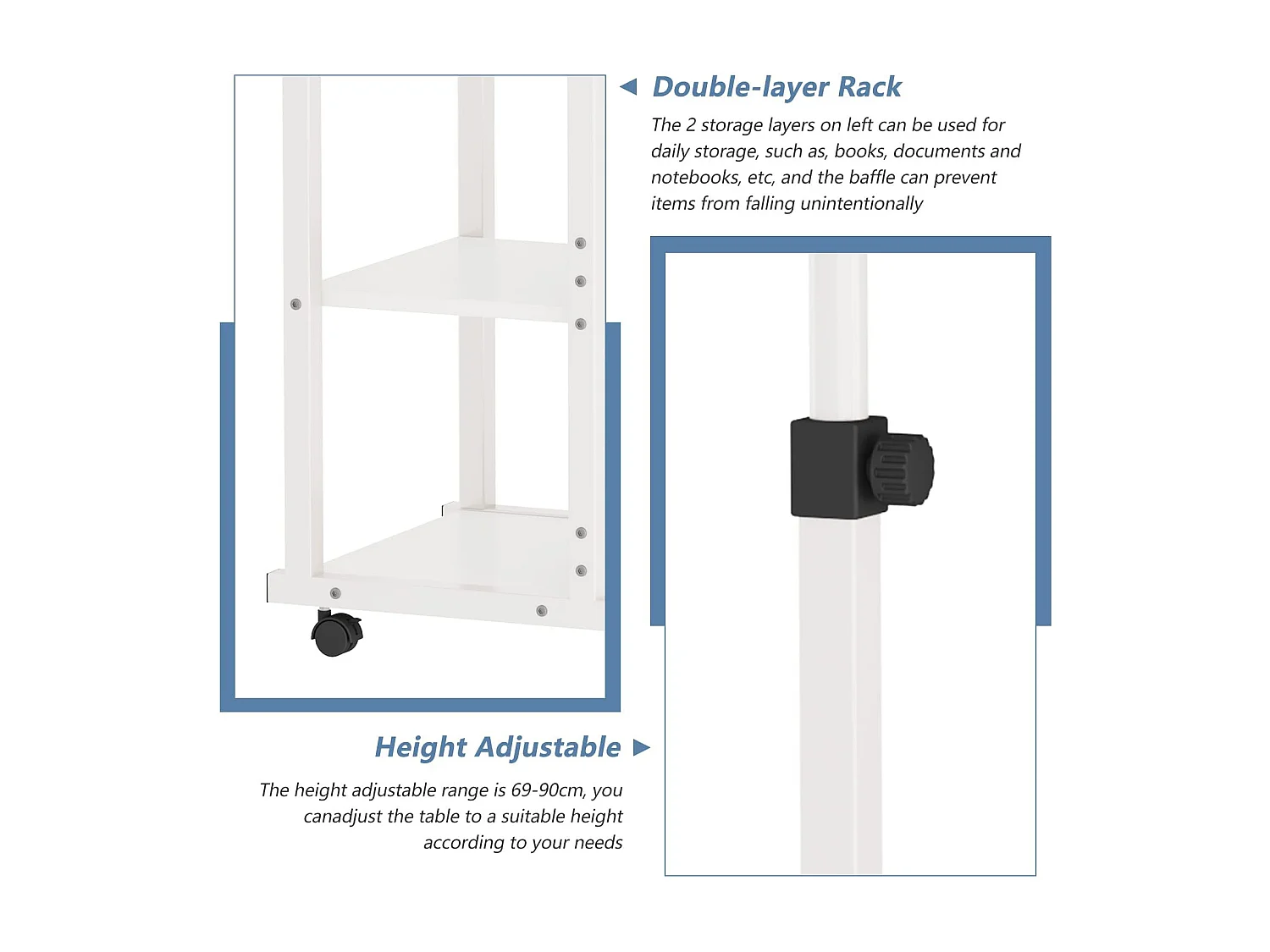 Table Roulante, Table d'Appoint Mobile Réglable en Hauteur, Table Multiusage avec 4 roulettes et 2 Étagères de Rangement pour Canapé/Lit/Balcon-Blanc