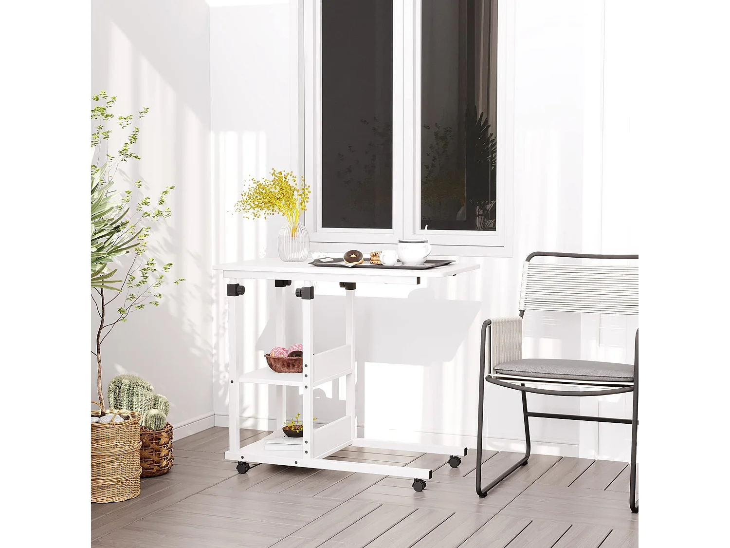 Table Roulante, Table d'Appoint Mobile Réglable en Hauteur, Table Multiusage avec 4 roulettes et 2 Étagères de Rangement pour Canapé/Lit/Balcon-Blanc