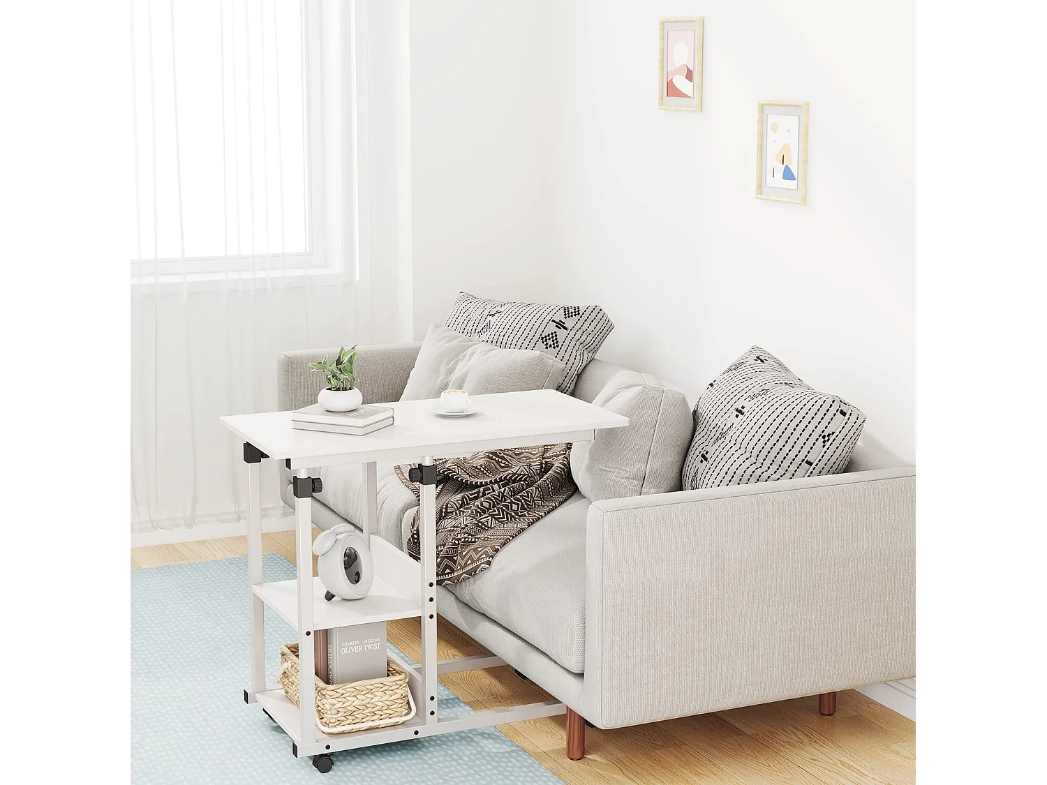 Table Roulante, Table d'Appoint Mobile Réglable en Hauteur, Table Multiusage avec 4 roulettes et 2 Étagères de Rangement pour Canapé/Lit/Balcon-Blanc