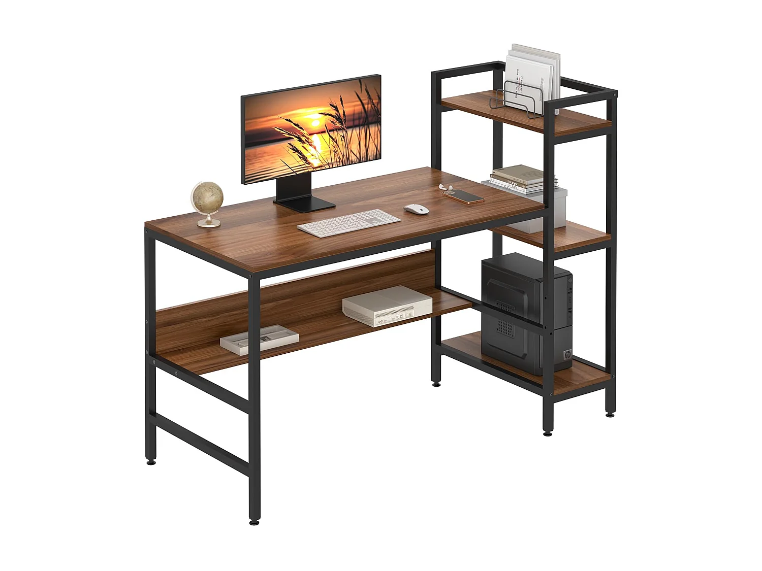 Bureau Informatique avec Etagères de Rangement, Bureau d'Ordinateur en Bois pour Chambre Salon et Maison 136 x 60 x 111 cm - Bois Foncé