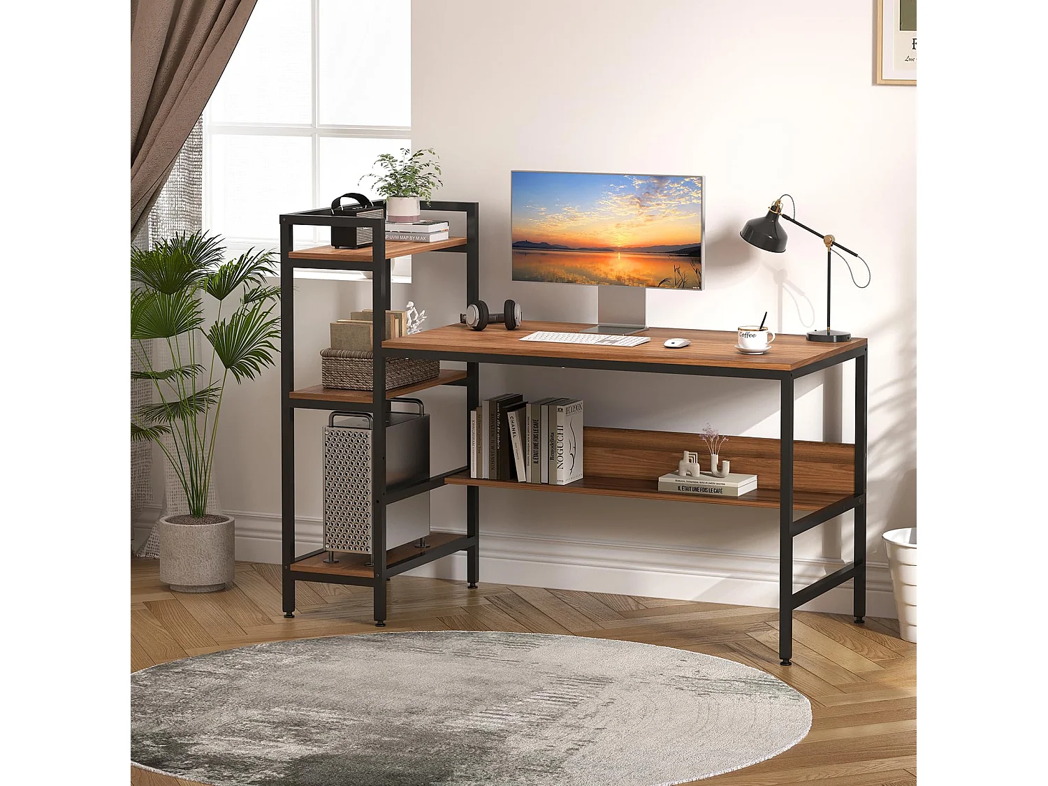 Bureau Informatique avec Etagères de Rangement, Bureau d'Ordinateur en Bois pour Chambre Salon et Maison 136 x 60 x 111 cm - Bois Foncé