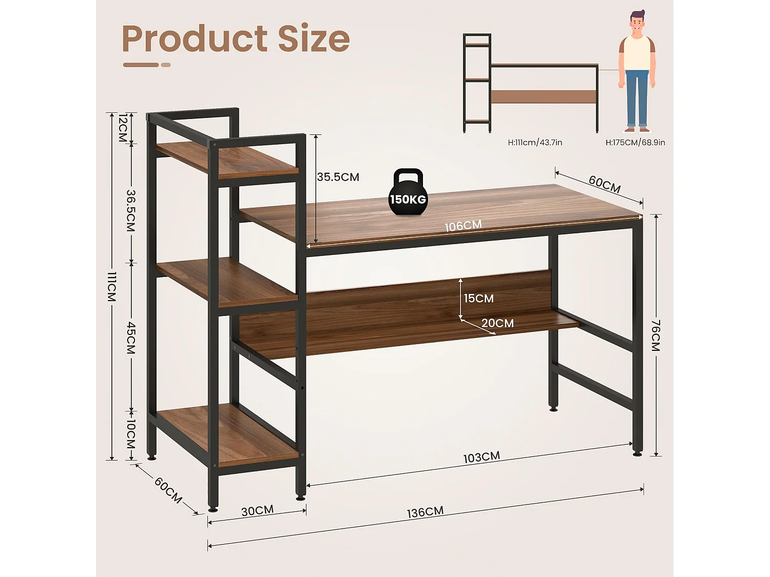 Bureau Informatique avec Etagères de Rangement, Bureau d'Ordinateur en Bois pour Chambre Salon et Maison 136 x 60 x 111 cm - Bois Foncé