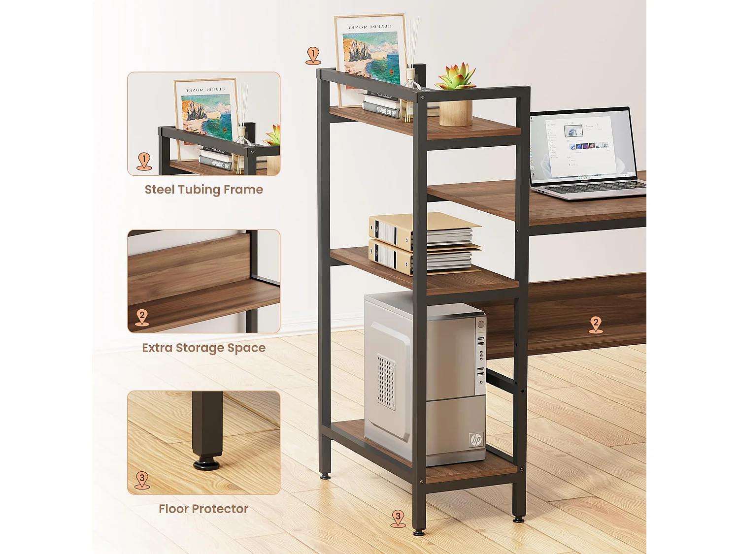 Bureau Informatique avec Etagères de Rangement, Bureau d'Ordinateur en Bois pour Chambre Salon et Maison 136 x 60 x 111 cm - Bois Foncé