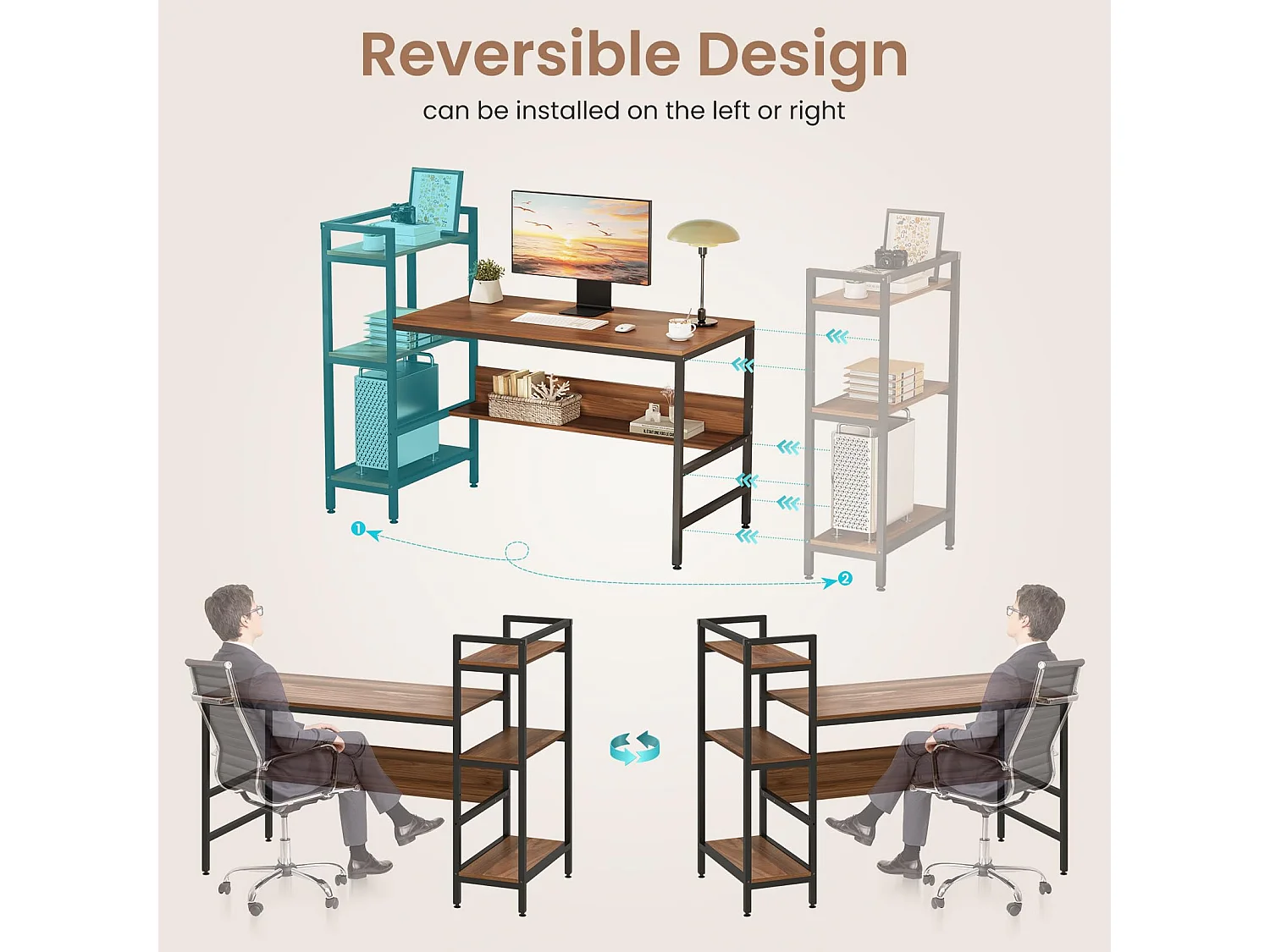 Bureau Informatique avec Etagères de Rangement, Bureau d'Ordinateur en Bois pour Chambre Salon et Maison 136 x 60 x 111 cm - Bois Foncé